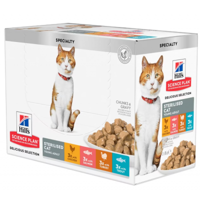HILL'S SCIENCE PLAN STERILISED GATO FRANGO, SALMÃO, PATO E TRUTA  85G (MULTIPACK 12 SAQUETAS)