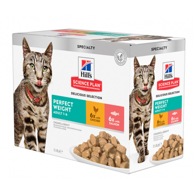HILL'S SCIENCE PLAN GATO ADULT PERFECT WEIGHT  FRANGO E SALMÃO 85G (MULTIPACK 12 SAQUETAS)
