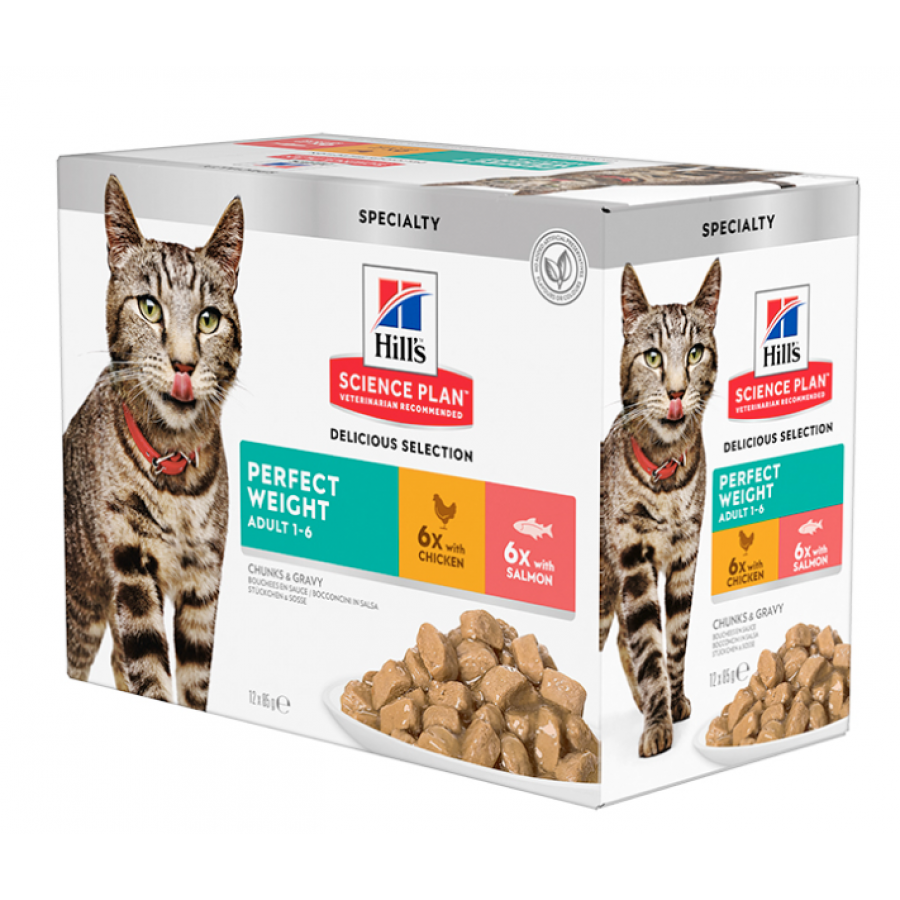 HILL'S SCIENCE PLAN GATO ADULT PERFECT WEIGHT  FRANGO E SALMÃO 85G (MULTIPACK 12 SAQUETAS)