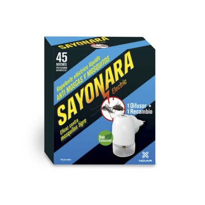 REPELENTE ELECTRONICO SAYONARA ANTI MOSCAS MOSQUITO COMUM E TIGRE USO INTERIOR (CAIXA DIFUSOR + SOBRESSELENTE LIQUIDO)