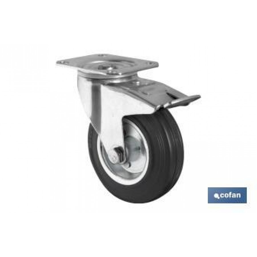 RODA DE BORRACHA / METAL COM PLACA GIRATORIA E TRAVAO 125MM