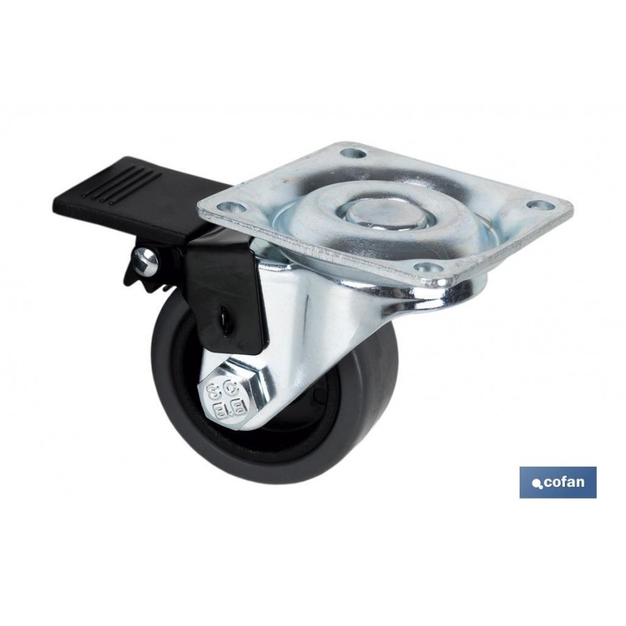 RODA DE BORRACHA CINZA COM PLACA GIRATORIA E TRAVAO 75MM