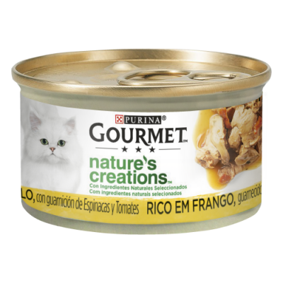 PURINA GATO GOURMET CRIAÇÕES NATURAIS FRANGO , ESPINAFRES E TOMATA - 85GR