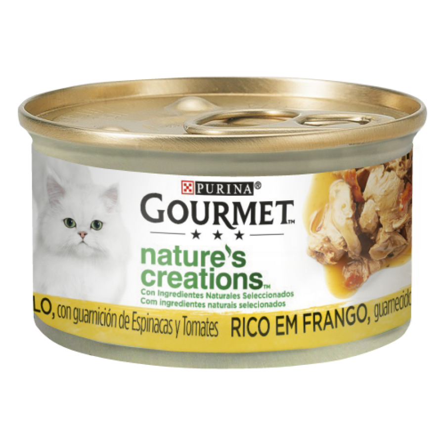 PURINA GATO GOURMET CRIAÇÕES NATURAIS FRANGO , ESPINAFRES E TOMATA - 85GR PURINA GATO GOURMET CRIAÇÕES NATURAIS FRANGO , ESPINAFRES E TOMATA - 85GR