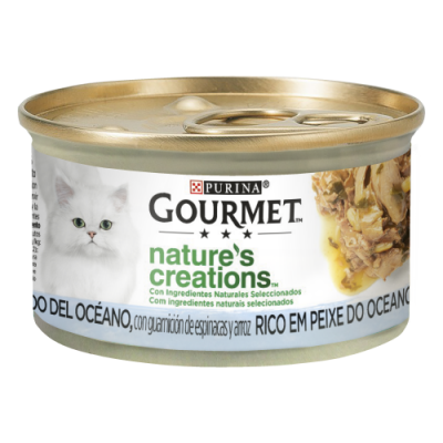 PURINA GATO GOURMET NATURE'S CREATIONS PEIXE OCEANO, ESPINAFRES E ARROZ - 85GR