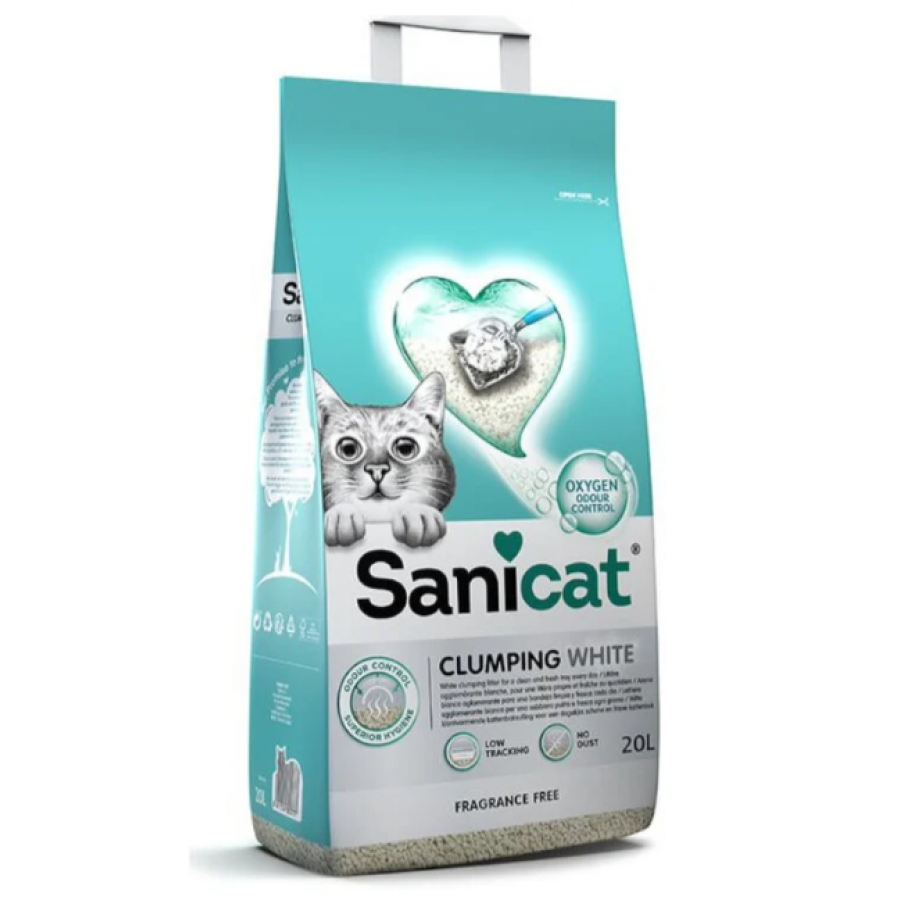SANICAT  AREIA PARA GATOS CLUMPING WHITE FRAGRANCE FREE 20L