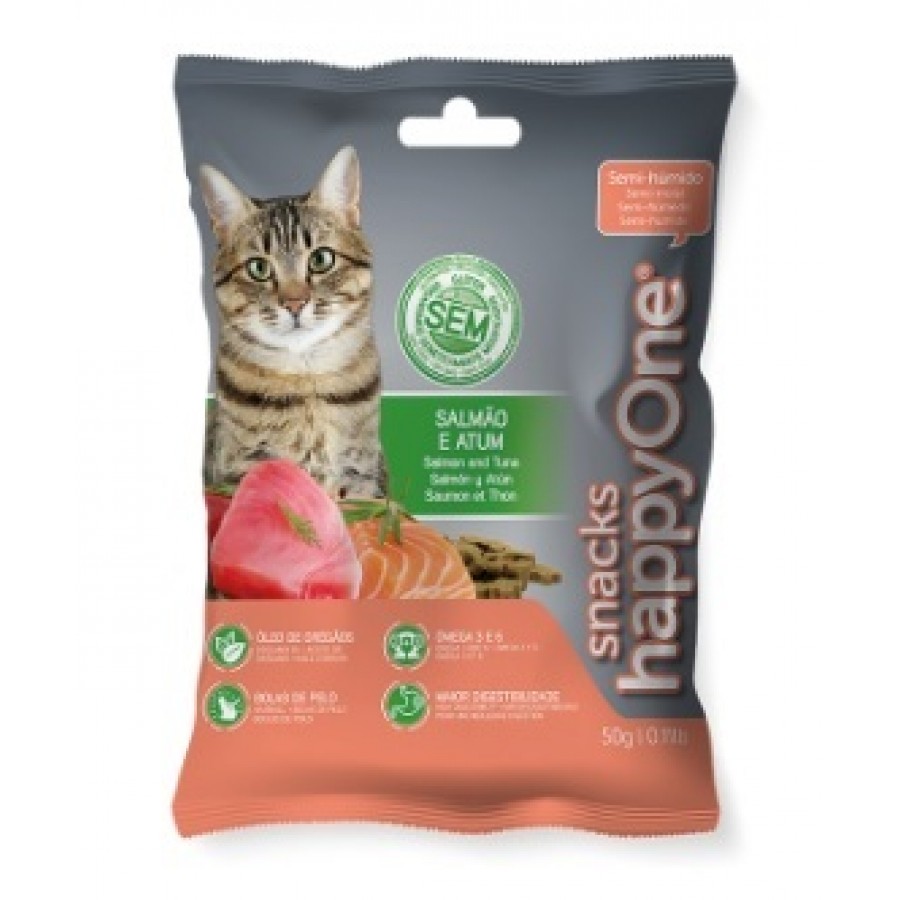 HAPPY ONE SNACKS SEMI-HUMIDO GATO SALMÃO E ATUM - 50GR HAPPY ONE SNACKS SEMI-HUMIDO GATO SALMÃO E ATUM - 50GR