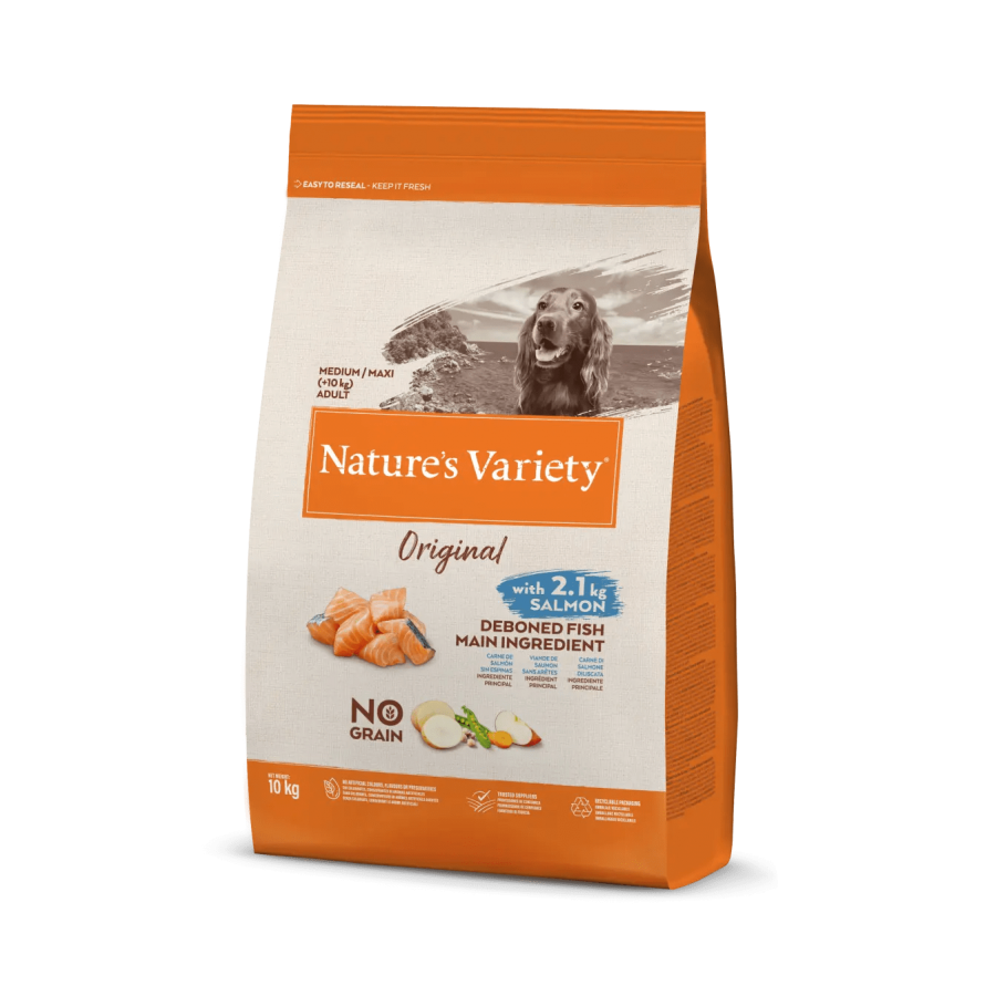 NATURE'S VARIETY ORIGINAL  CAO ADULTO MEDIUM/MAXI NO GRAIN SALMÃO -  10KG