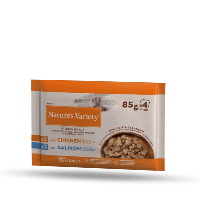 NATURE'S VARIETY ORIGINAL GATO WET PEDAÇOS COM MOLHO  MULTIPACK 2 FRANGO + 2 SALMÃO ( 4X85G)