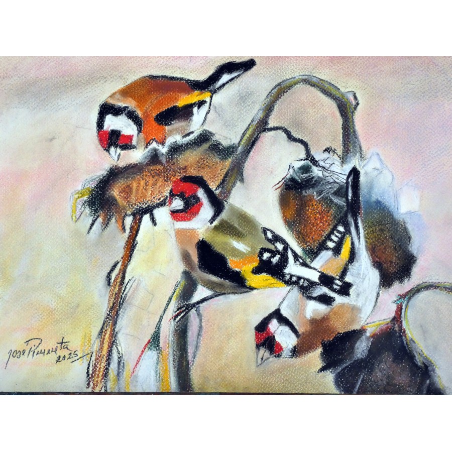 PINTURA PINTASILGOS NOS GIRASSOIS